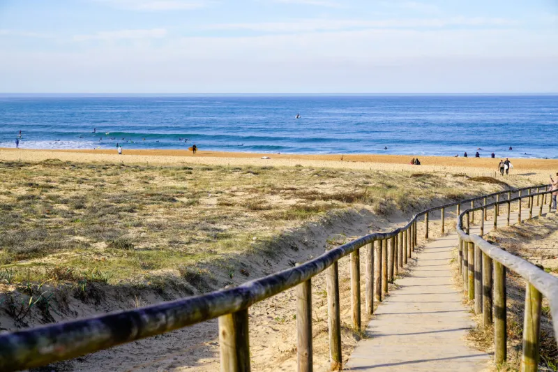 access ocean sandy pathway fence wooden to ocean beach atlantic sea coast at talmont saint hilaire vendee france