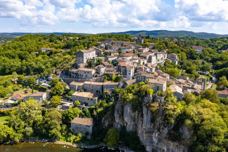 aerial view of balazuc, one of the most beautiful village in ardeche, south of france, europe