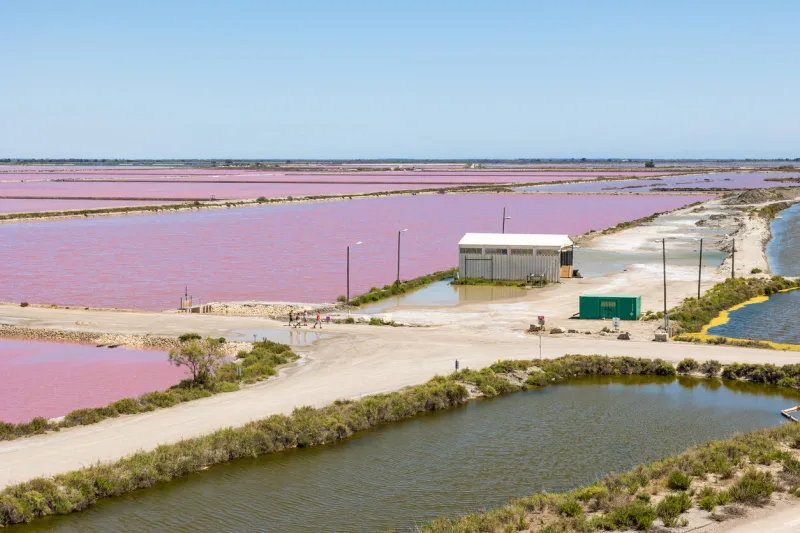 view of the aigues-mortes salt marsh from the top of a salt mountain