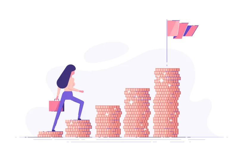 business woman is climbing stairs from stacks of coins toward his financial goal personal investment and pension savings concept modern vector illustration