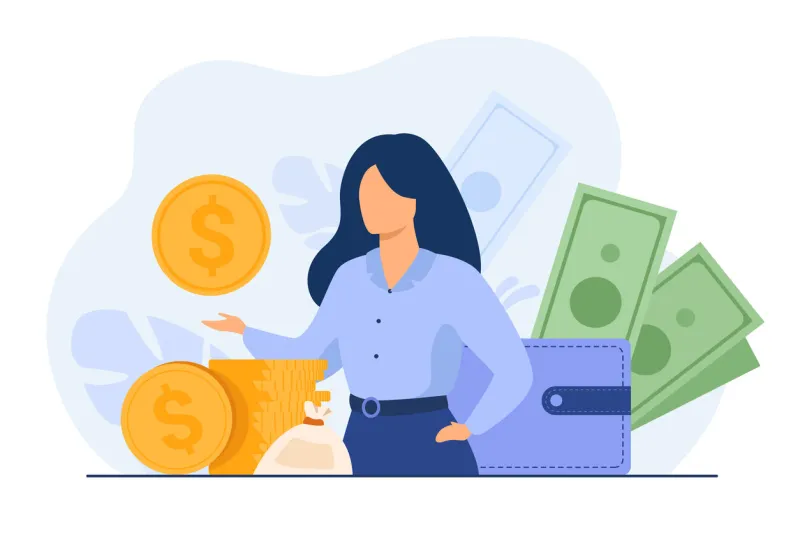 banker offering loan investor or entrepreneur getting income woman with heap of cash, sack and wallet vector illustration for finance, money, financial success, profit, business concept
