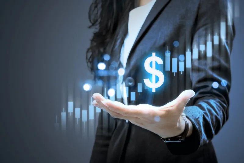 businesswoman showing a dollar virtual bar chart digital marketing concept