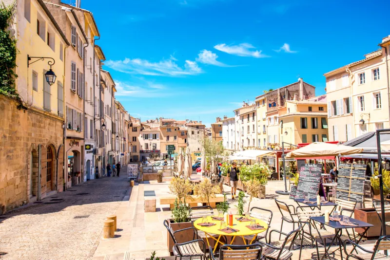 aix-en-provence, france - june 20, 2016  cardeurs square with cafes and restaurants in the old town of aix-en-provence city on the south of france