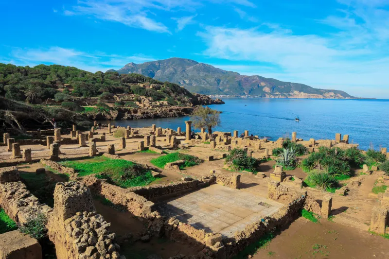 ancient ruins of roman tipasa with the nice view to the mediterranean coastline near tipaza city, algeria