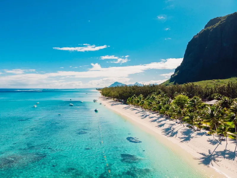 luxury beach with mountain in mauritius sandy beach with palms and blue ocean aerial view