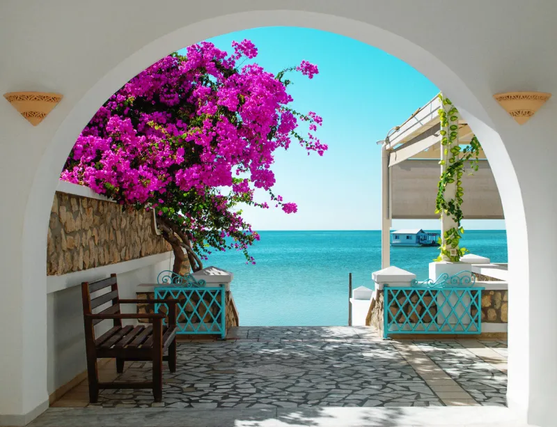 a view of the blue sea of ​​tunisia through a white archway with pink blooming flowers in the foreground in the distance a house on the water