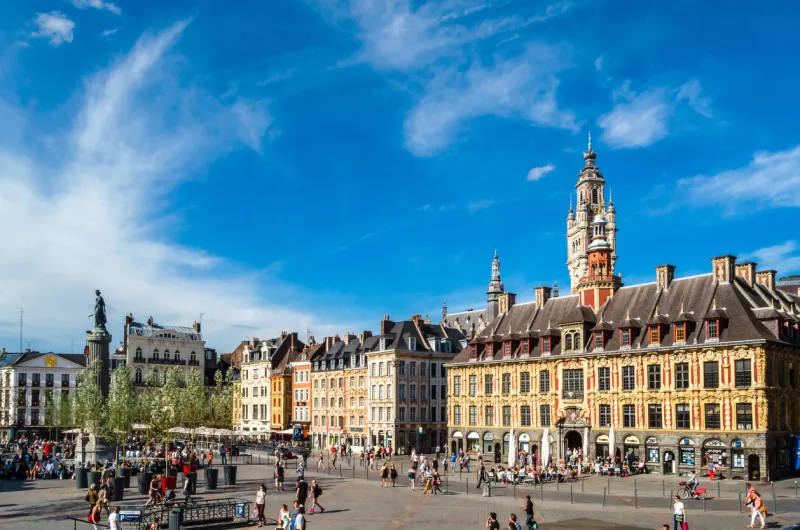 lille, france - august 17, 2013  urban landscape, view of a central square in lille, northern france