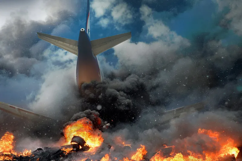 plane crash, plane on fire and smoke fear of air travel concept