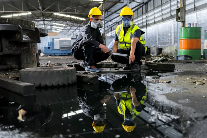 two officers wearing gas masks, holding tablet and book, inspect the chemical spill site in an industrial warehouse to assess the damage, wearing gas masks, inspecting and evaluating toxicity of leak