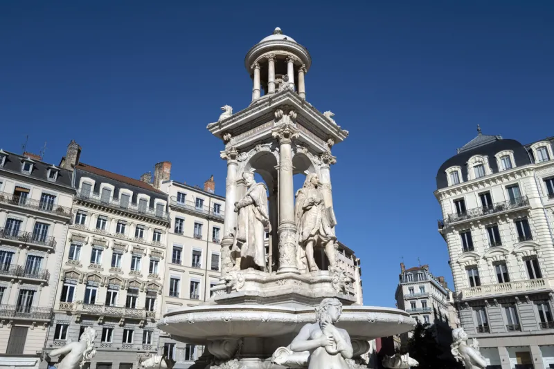 view of famous jacobins fountain in lyon, france