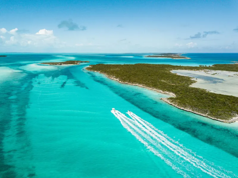 drone bird view of exuma in the bahamas summer vaction