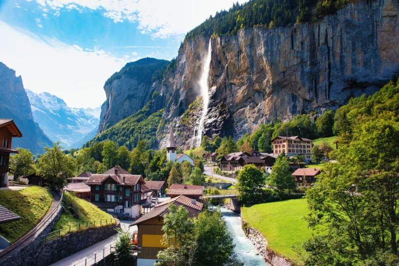 spectacular view of lauterbrunnen valley on a bright sunny day, switzerland