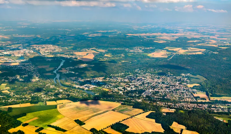 aerial view of the oise river near paris in france