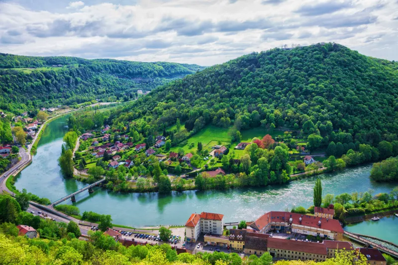 aerial view to the old city from the citadel in besancon of bourgogne franche comte region in france