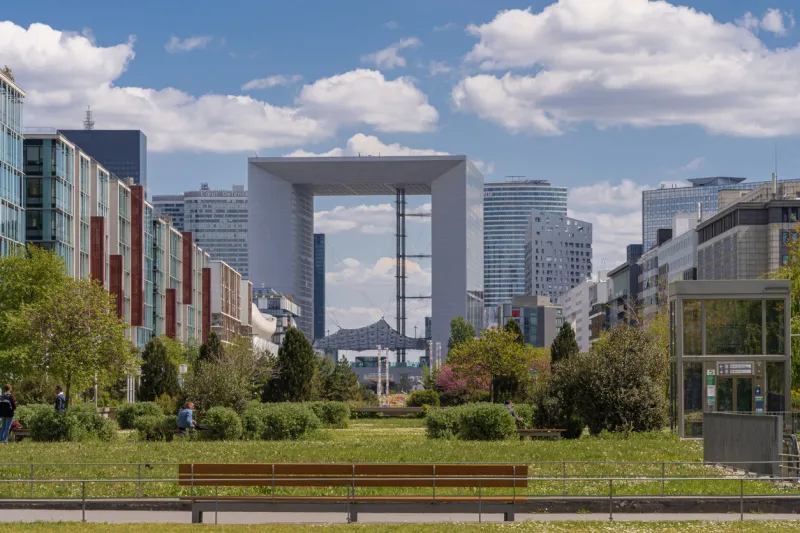 nanterre, france - 05 02 2021  la defense district view of arch of la defense and modern buildings from terrace of the arch