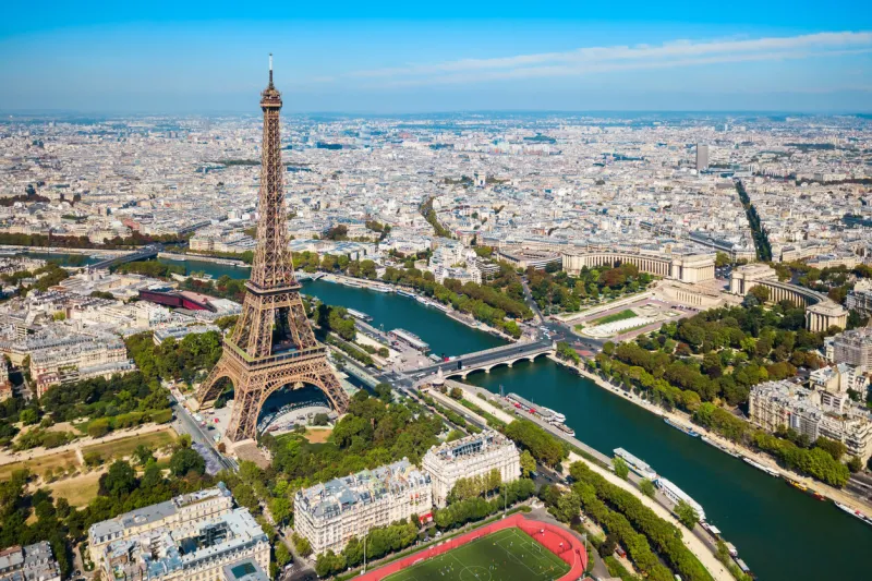 eiffel tower or tour eiffel aerial view, is a wrought iron lattice tower on the champ de mars in paris, france