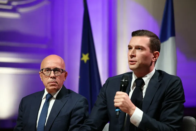 jordan bardella et eric ciotti lors des auditions des chefs de partis et de coalitions par le medef - paris