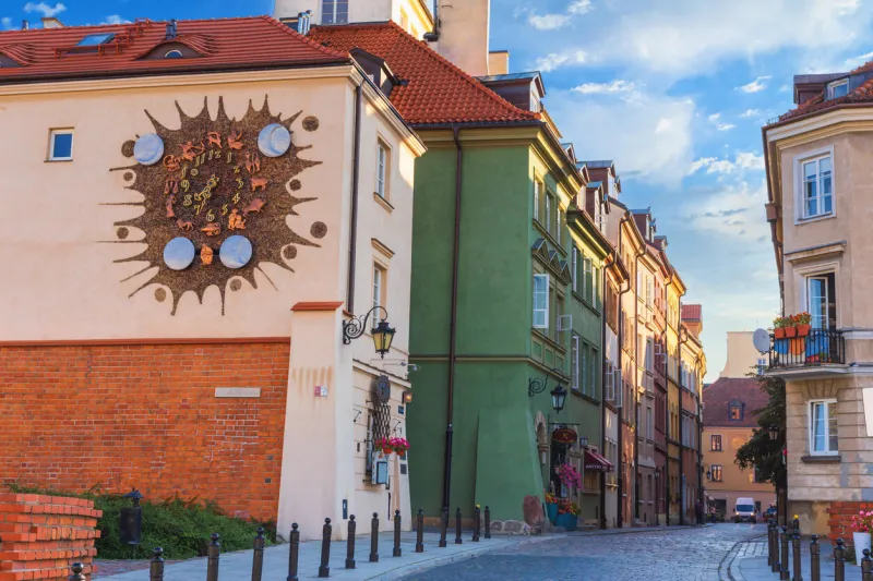 cityscape - view of narrow streets with colorful old houses in the old town of warsaw, poland, 20 august