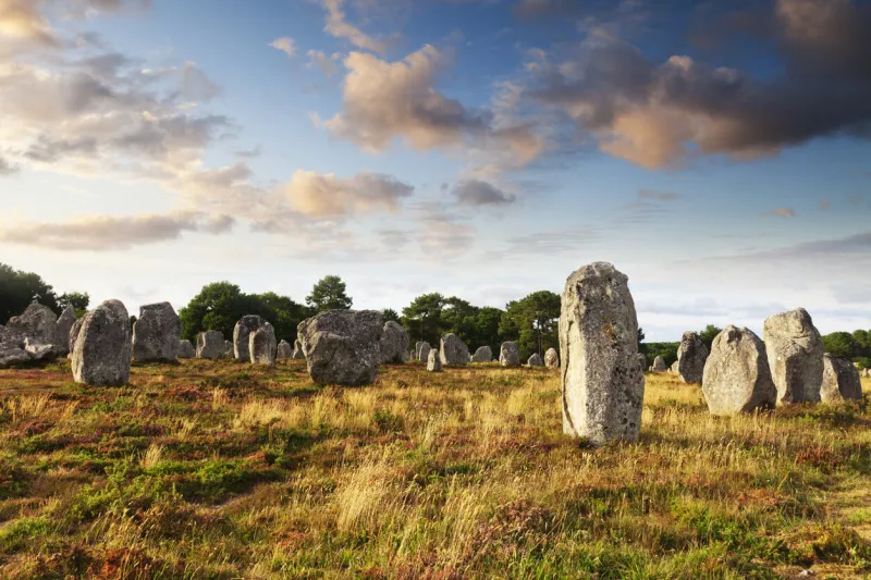 some of the 3000 standing stones at carnac, brittany, france it is believed that these stones were placed in position around 5000 years ago