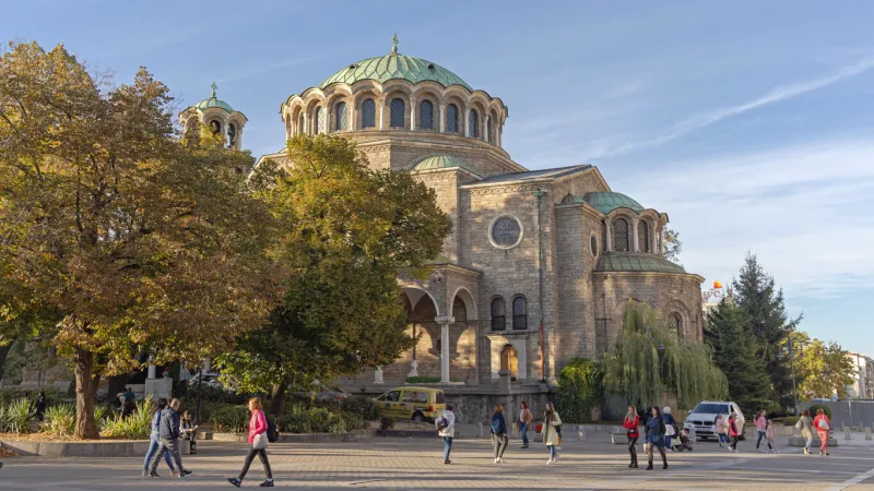 sofia, bulgaria - october 16, 2023  eastern orthodox church of holy sunday at sveta nedelya square in capital city centre at sunny autumn day
