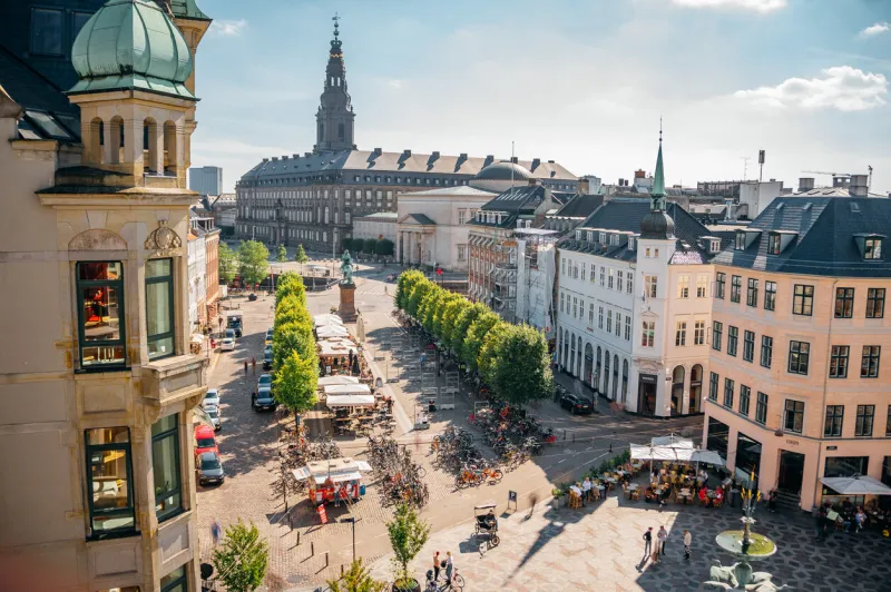 a roof view of stroget - the most famous shopping area in copenhagen full of visitors