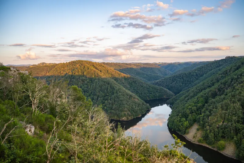 sumene and dordogne river since gratte bruyere in correze during golden hour