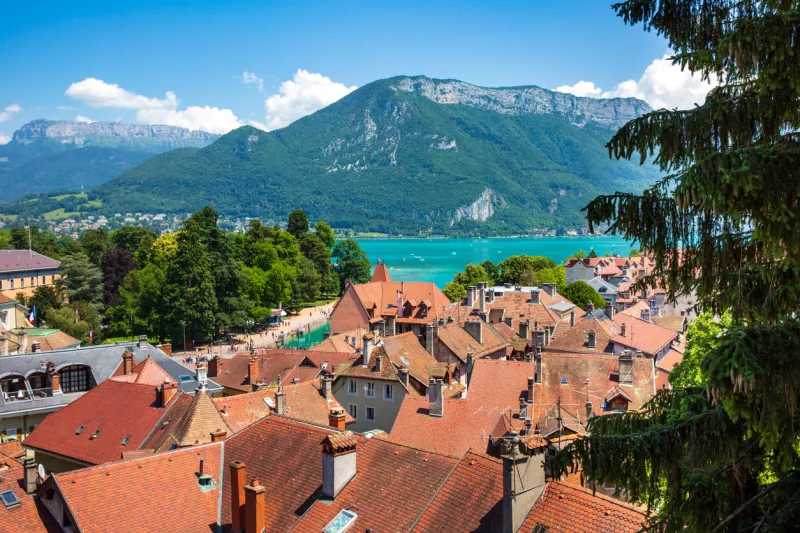 the village in anncey overlooks the lake in france