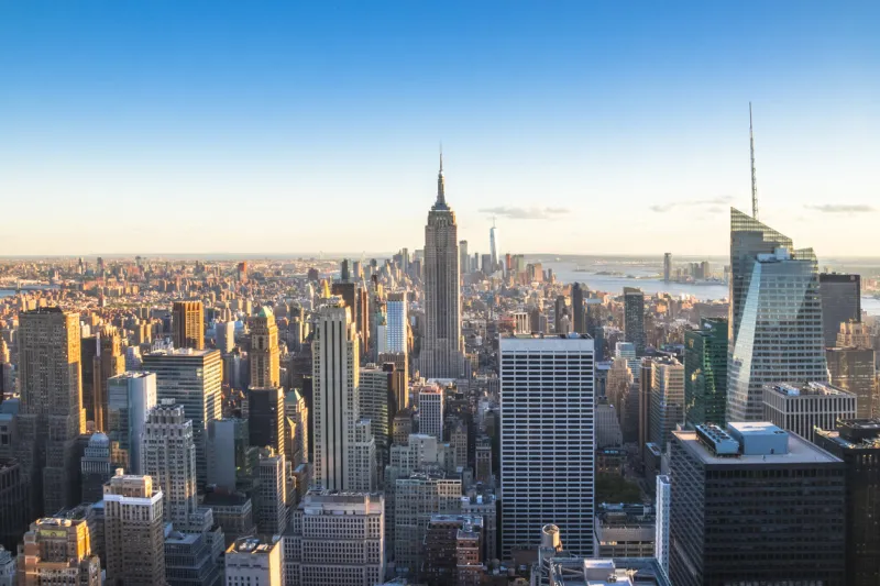 manhattan downtown and skyscrapers at sunset