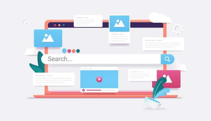 search engine on computer screen - 3d vector illustration of laptop with internet search and results popping out