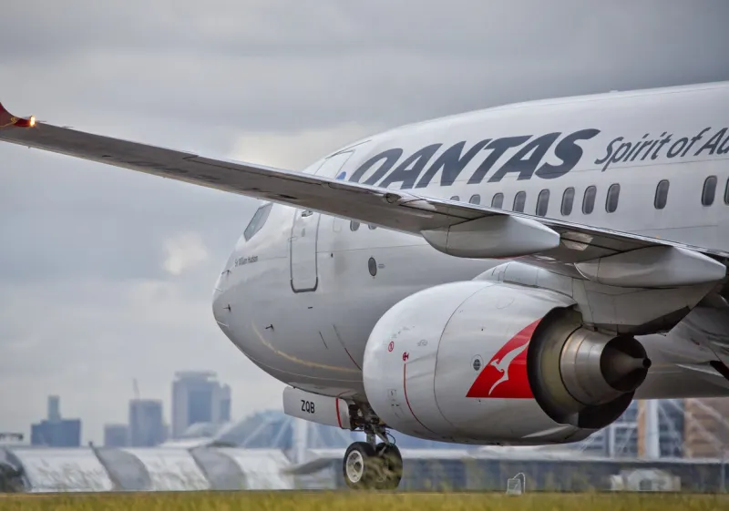 sydney,australia - february 20, 2016  a qantas boeing 737 taxies towards the terminal after landing at the city's airport qantas is the flag carrier for australia