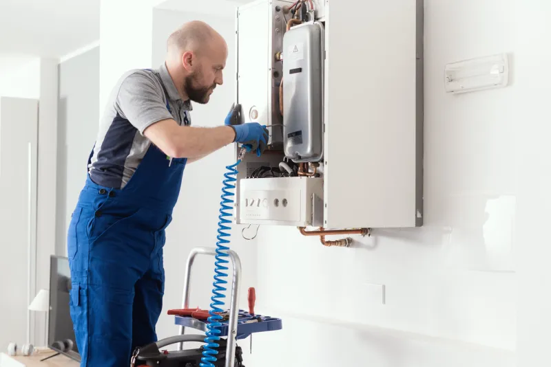 gas engineer checking and cleaning a boiler during the inspection at home