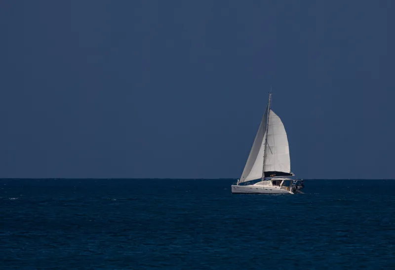 a white sailing boat on a clear blue sky day, traversing across the open ocean