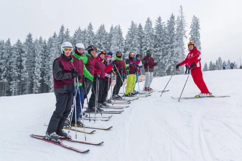2016-12-19 bukovel, ukraine students and teacher of ski school winter outdoor activity in ukraine