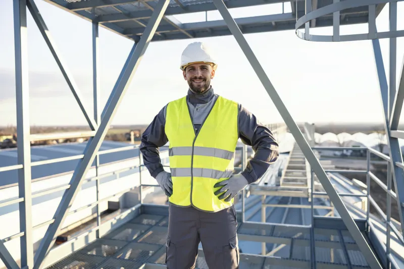 a worker stands proudly on a height outside on metal construction and smiles at the camera