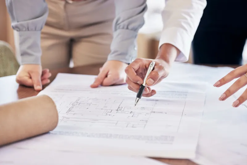 team work, hands or architect drawing a blueprint or planning a real estate building or development in an office civil engineering, zoom or designers with vision of renovation or project management