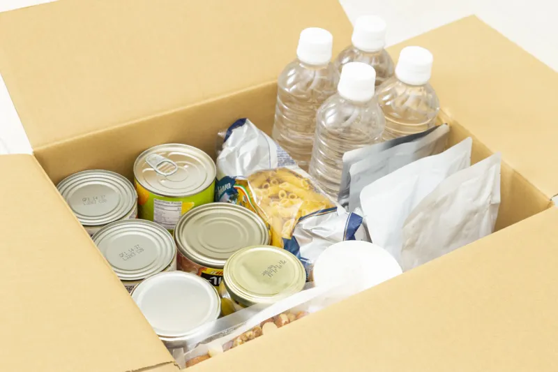 emergency food stored in cardboard boxes