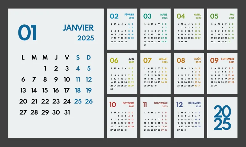 2025 year monthly office planner, calendar starts monday, two colorful weekends, white background, french months name