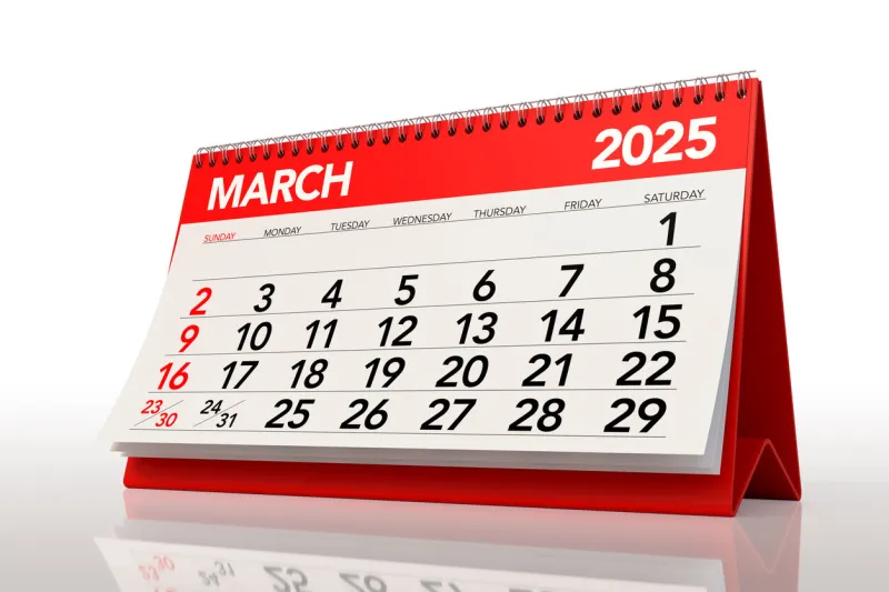 march 2025 calendar isolated on white background 3d rendering