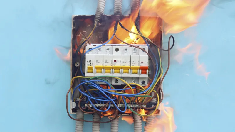 accident involving electrics, fire caused by electrical faults include old unsafe fuse board