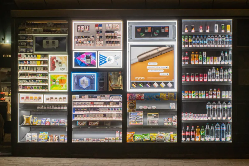 showcase of a ukrainian cigarette kiosk with food at night kyiv, ukraine - apr