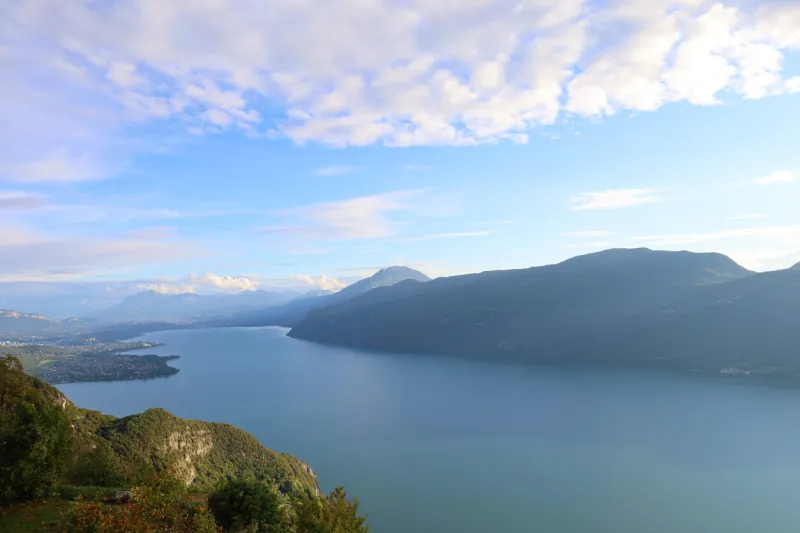 aerial sunset view of bourget lake in savoie, alps, france, europe