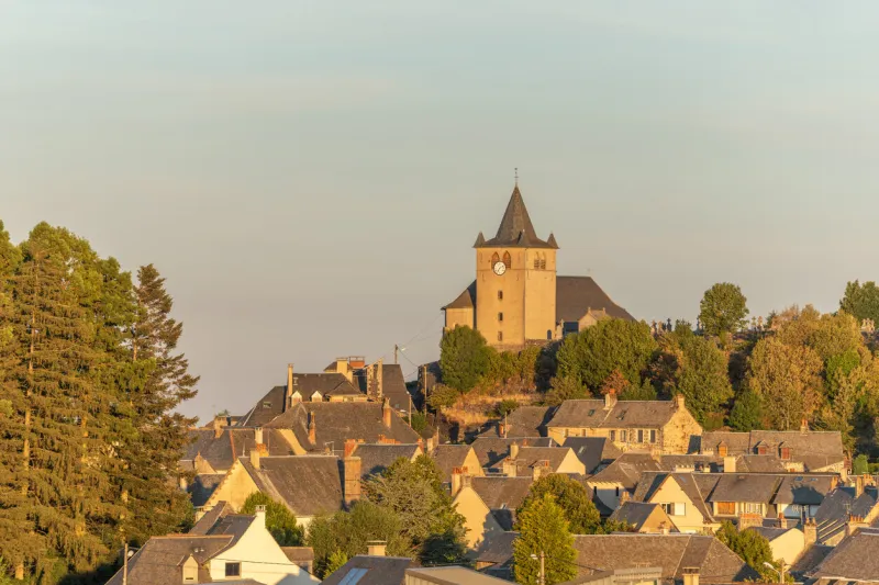 small saint-matthieu church on hill of village of laguiole aubrac, france
