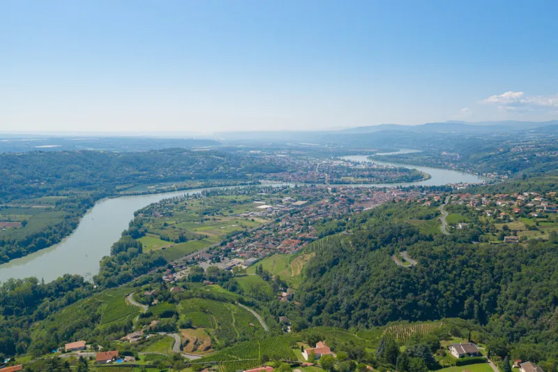 aerial photo of the rhone valley with its river and vineyards