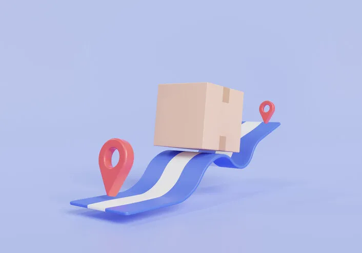 delivery package with pin location point marker maps and navigation fast delivery service, online food order, fast shipping, parcel box delivery tracking location 3d render illustration