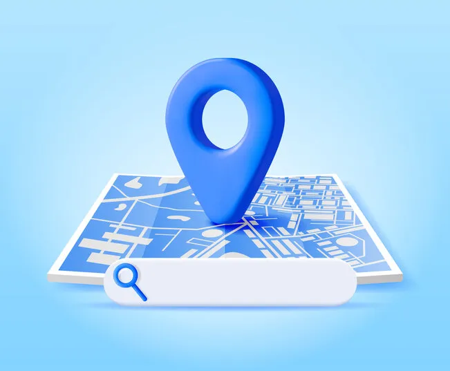 3d location folded paper map, search bar and pin isolated blue gps pointer marker icon gps and navigation symbol element for map, social media, mobile apps realistic vector illustration