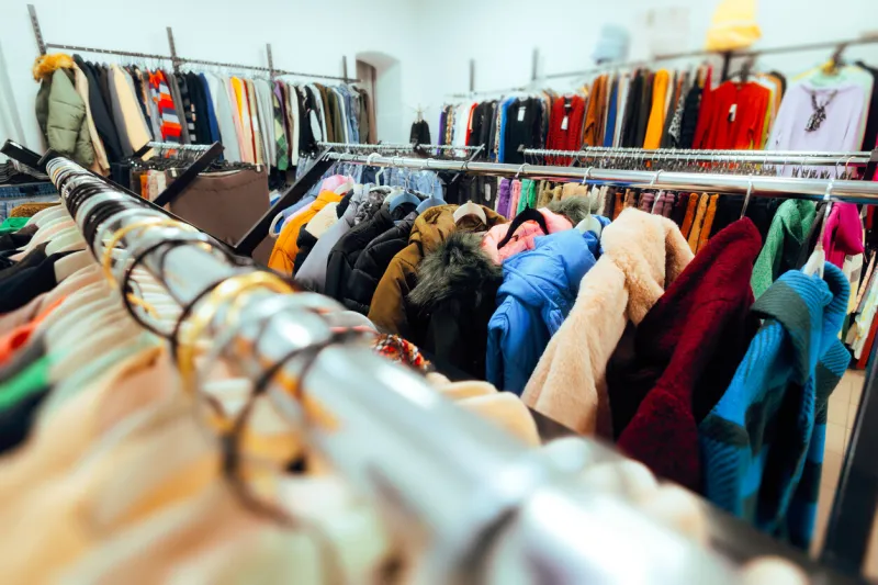 many new garments in a fashionable outlet shop