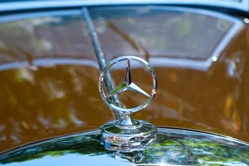 berlin, germany- june 09, 2018  car design detail and mercedes benz star logo   brand name closeup at oldtimer automobile event in berlin