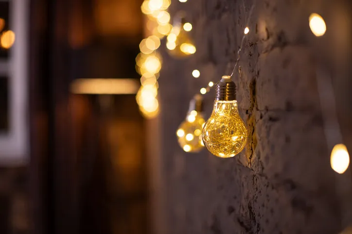 festive garlands light up the wall modern lighting the yellow light from the garland christmas, gift box, christmas tree, merry christmas, navidad