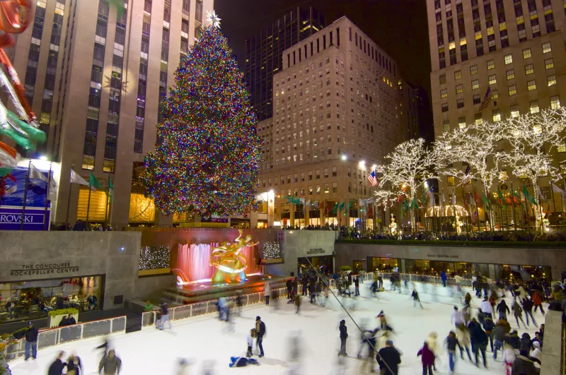 new york, usa - january 2, 2008  tourists and skaters in the famous rockefeller center during the christmas holidays