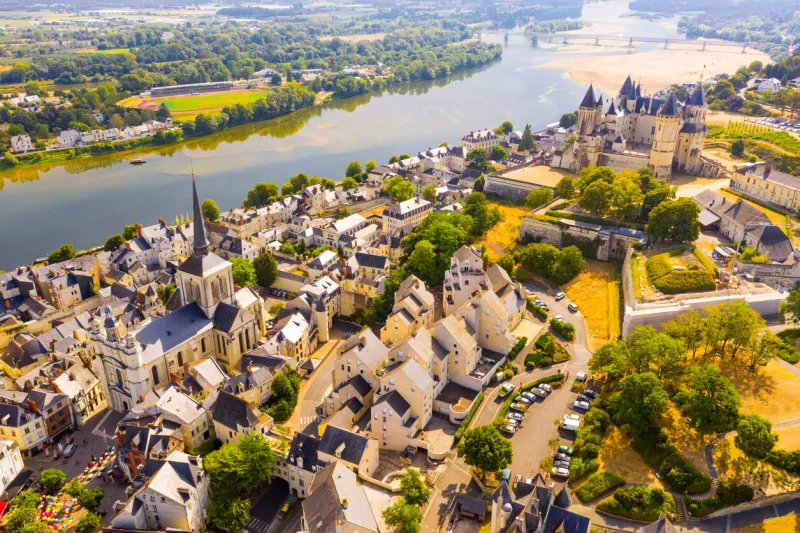 aerial view of the city of saumur and medieval castle saumur on the banks of the loire river france